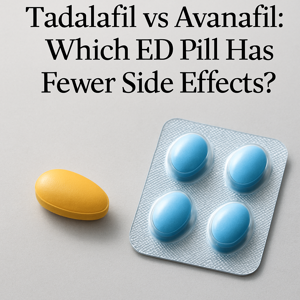 Tadalafil vs avanafil ED pills compared side by side on a pharmacy counter.