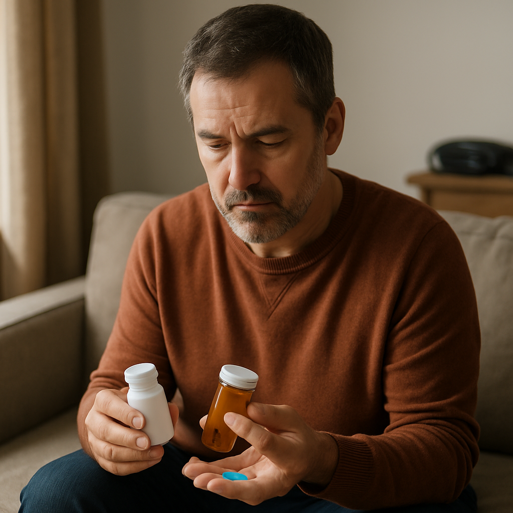 A pharmacist explaining the risks of taking tadalafil with blood pressure meds to a patient.