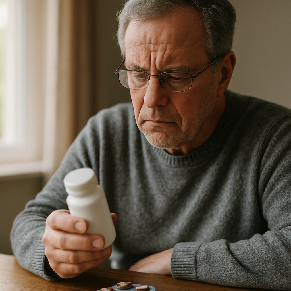 Older man reading a prescription label while learning about tamsulosin side effects and warning signs.