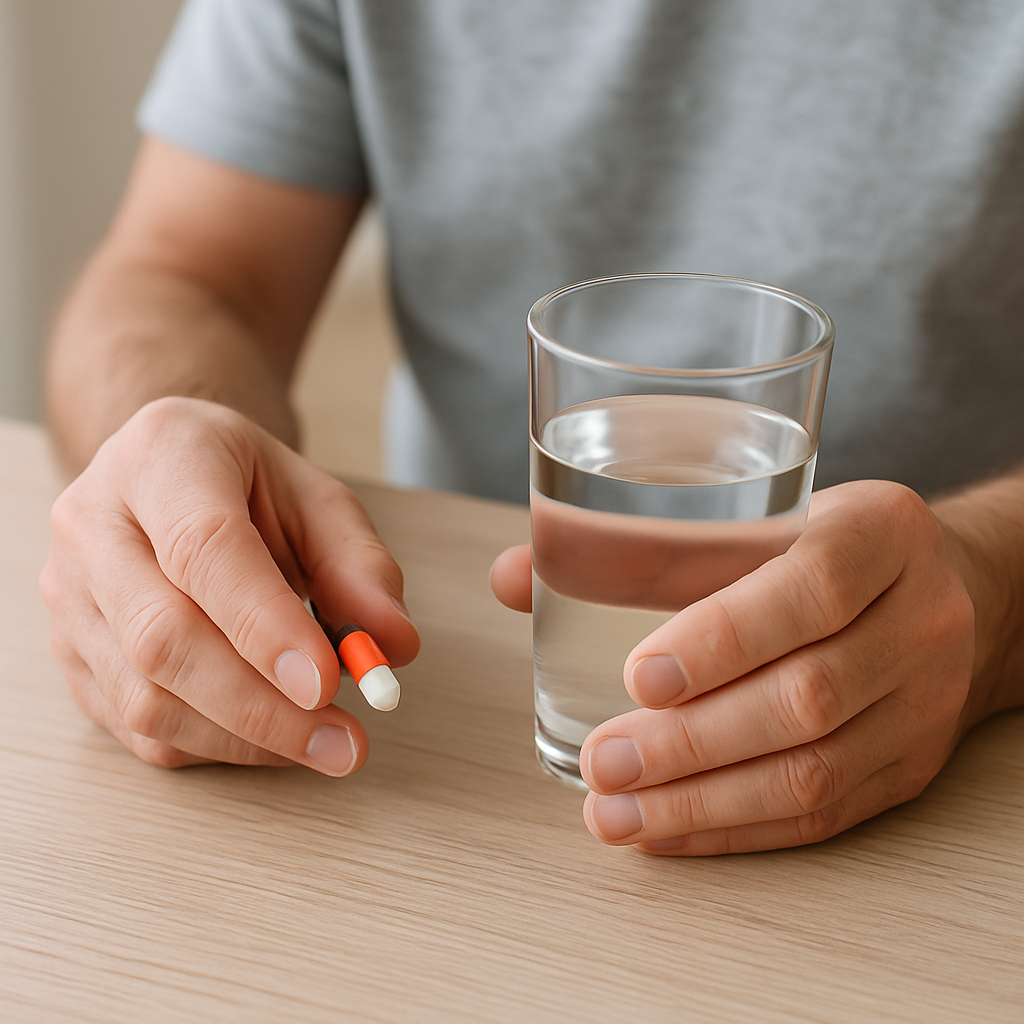 Older man reviewing a pill bottle and learning about tamsulosin side effects with his pharmacist.