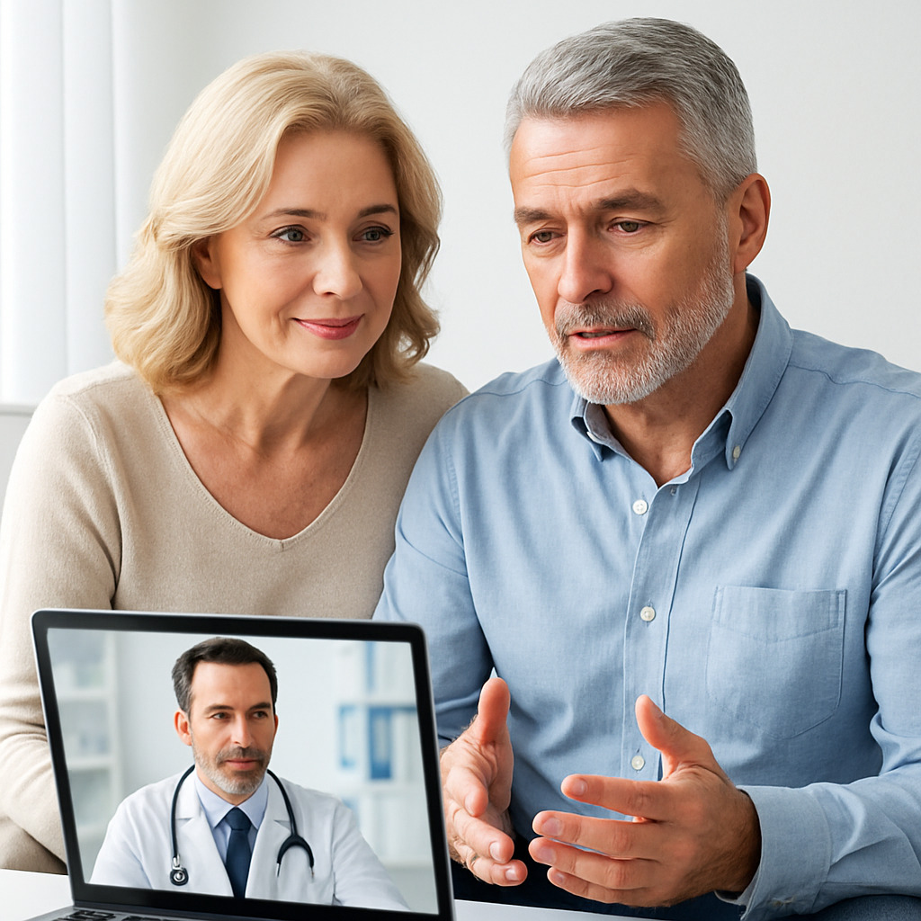 Couple consults with a doctor on a laptop during a video call; the man gestures with his hands.