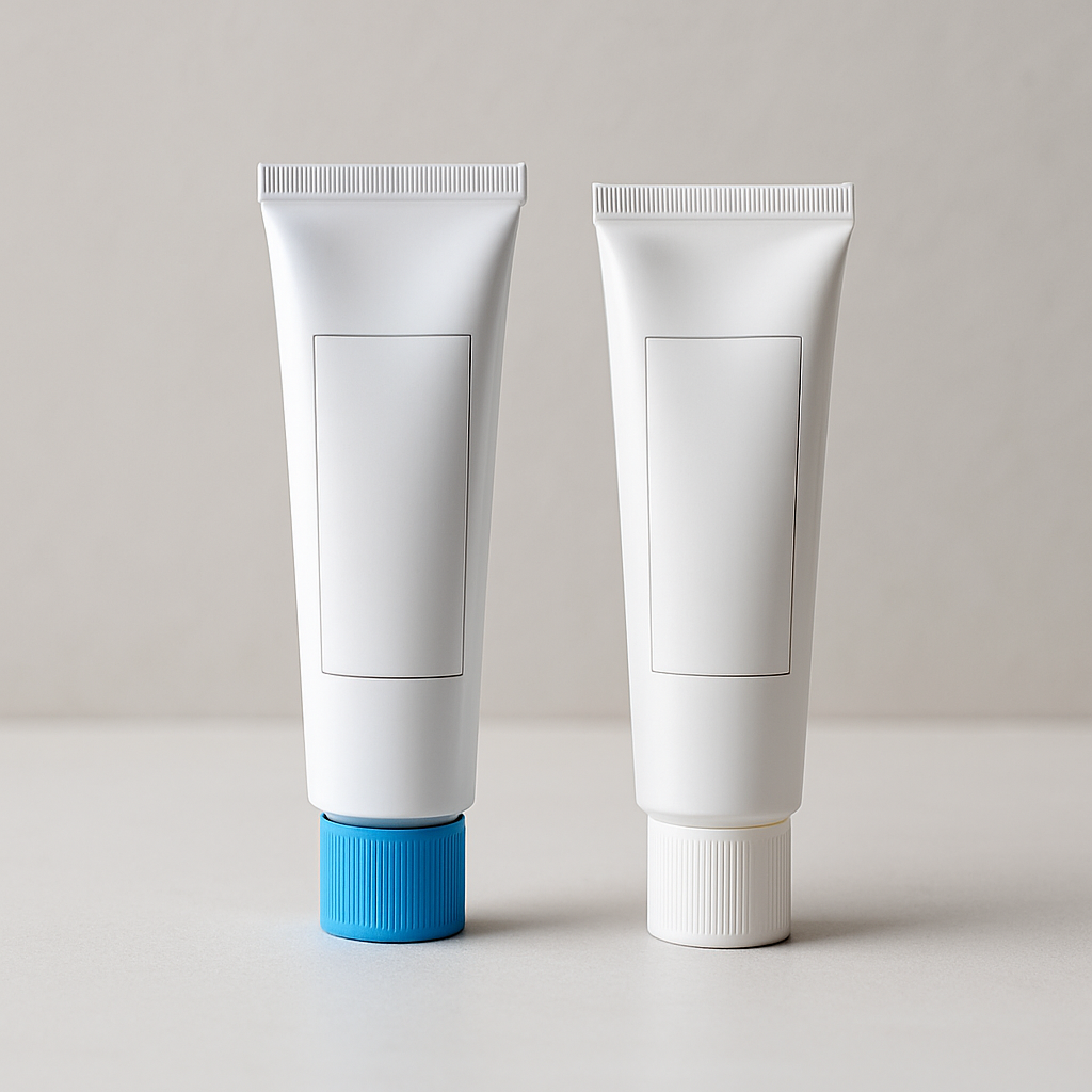 Side by side tubes illustrating tazarotene vs tretinoin for acne treatment on a clean bathroom counter.