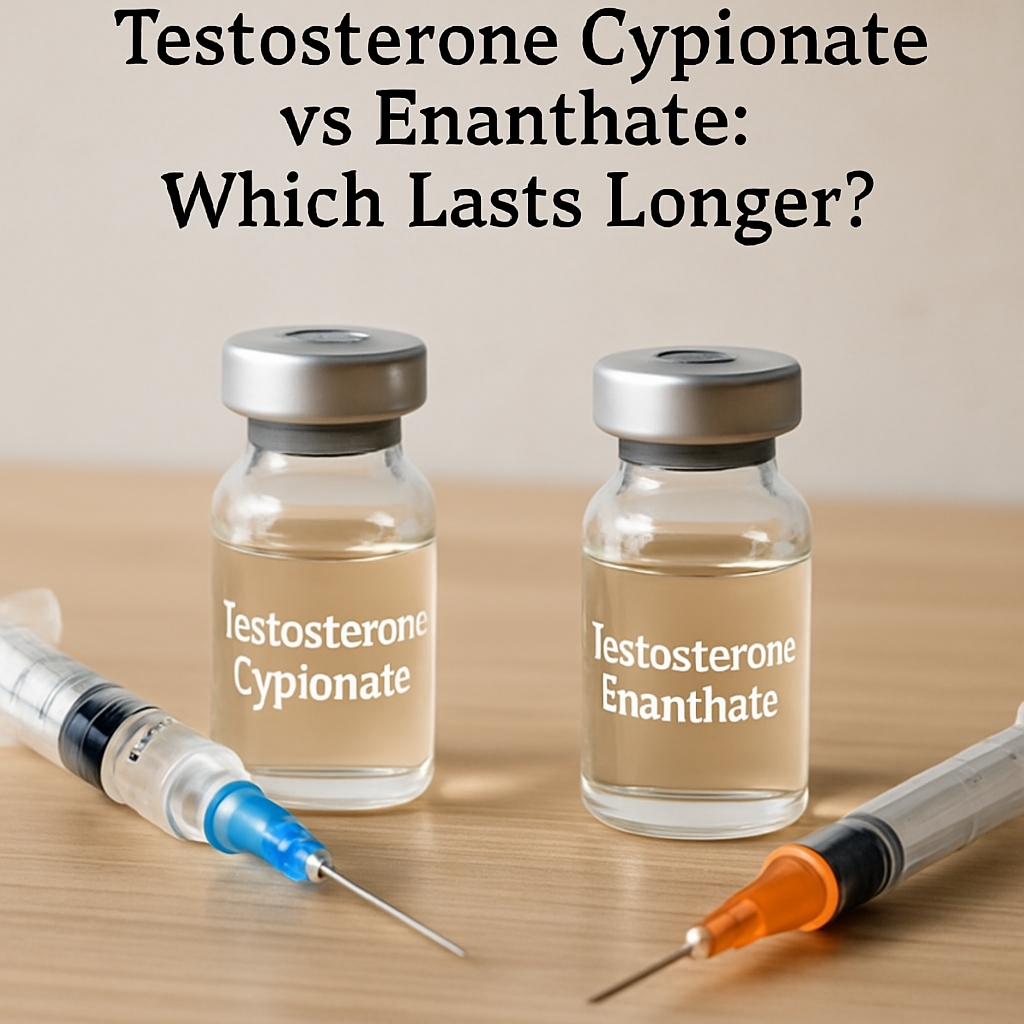 Two labeled vials illustrating testosterone cypionate vs enanthate injectable formulations side by side.