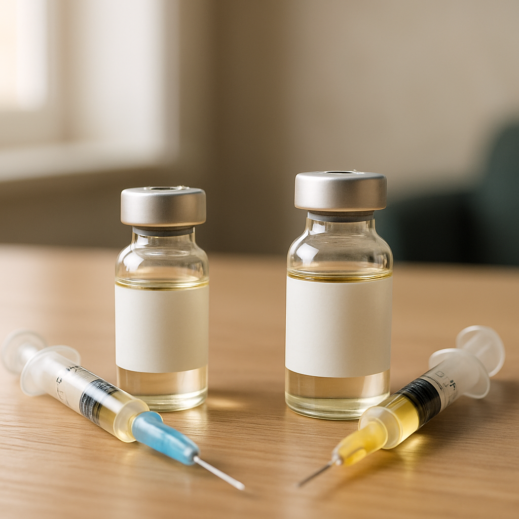 Two vials labeled for a testosterone cypionate vs enanthate comparison sit beside a syringe on a clinical tray.