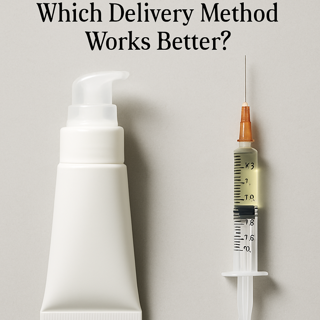 Side by side comparison for testosterone gel vs injections showing a topical gel packet next to a vial and syringe.