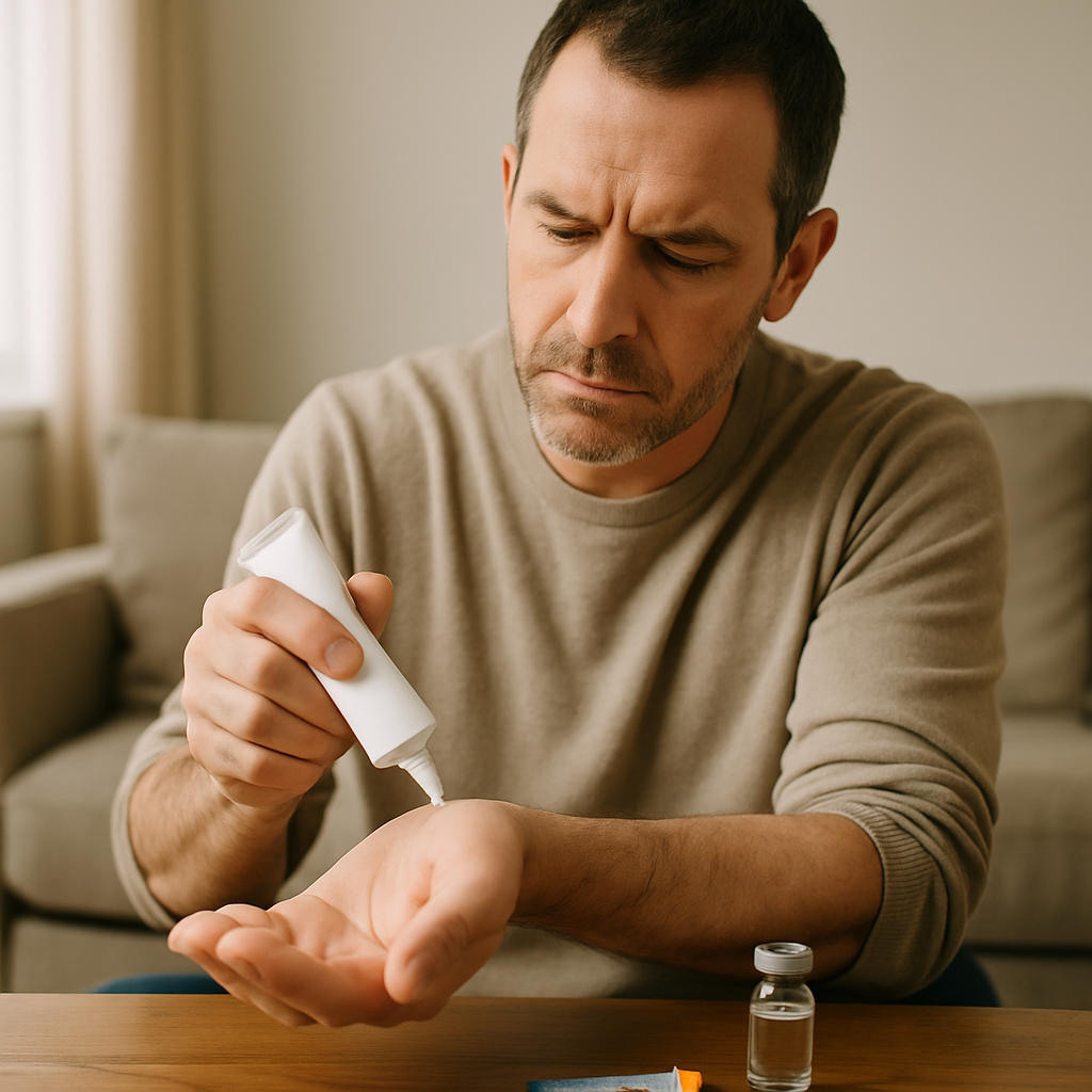 Man sits indoors and applies cream from a tube to his forearm, with a small bottle on the table nearby.