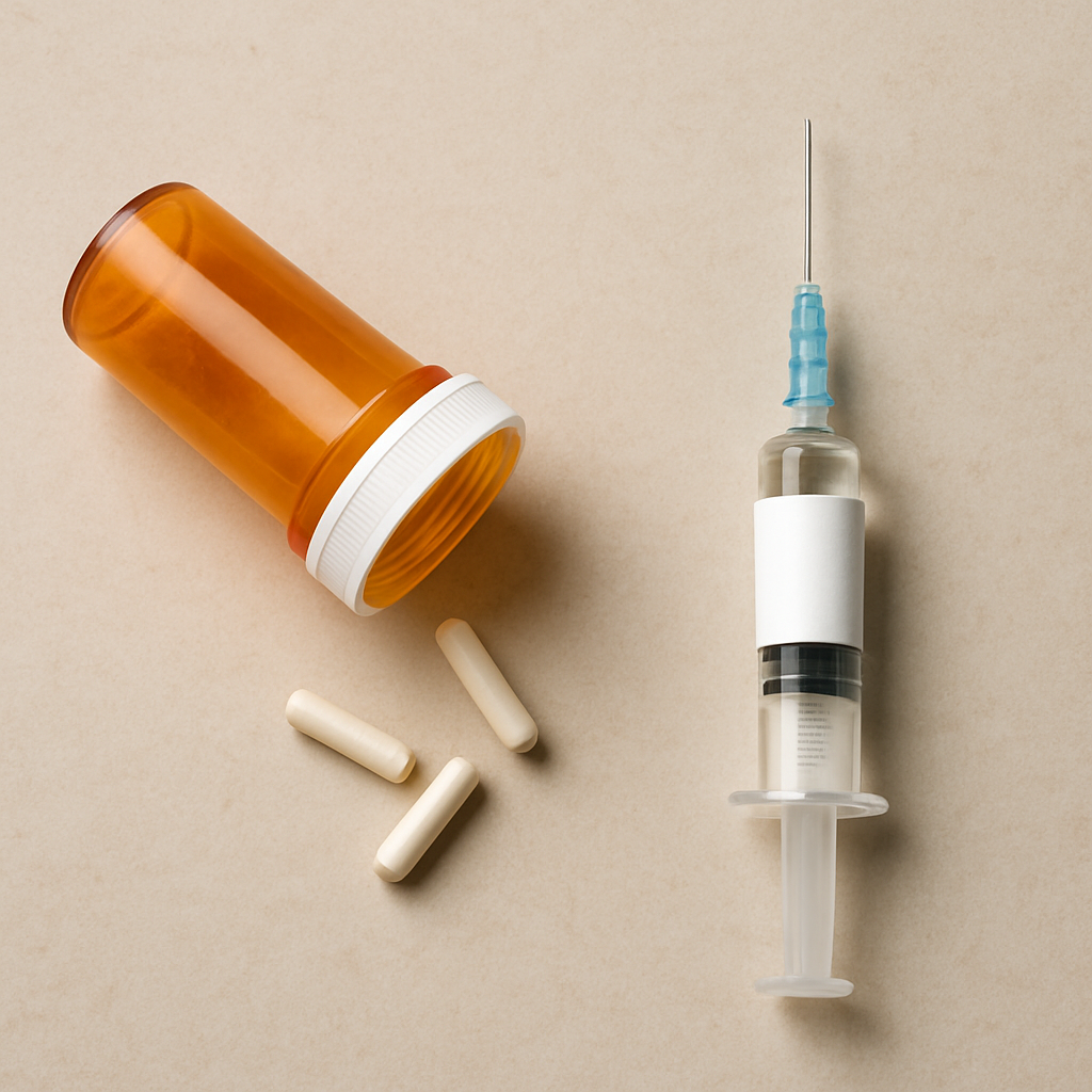 Orange prescription bottle tipped over with white pills spilled beside a syringe on a beige surface.