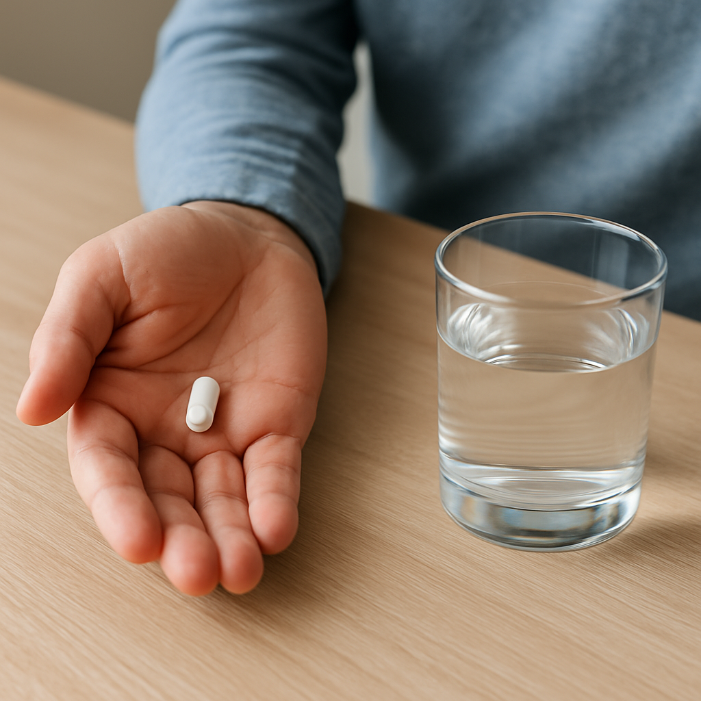 Hand holding a white capsule beside a glass of water on a wooden table, ready to take medicine.