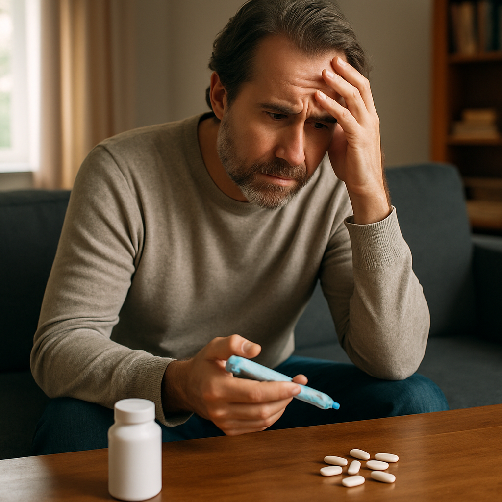 Patient reading prescription label and reviewing tirzepatide side effects with a pharmacist.