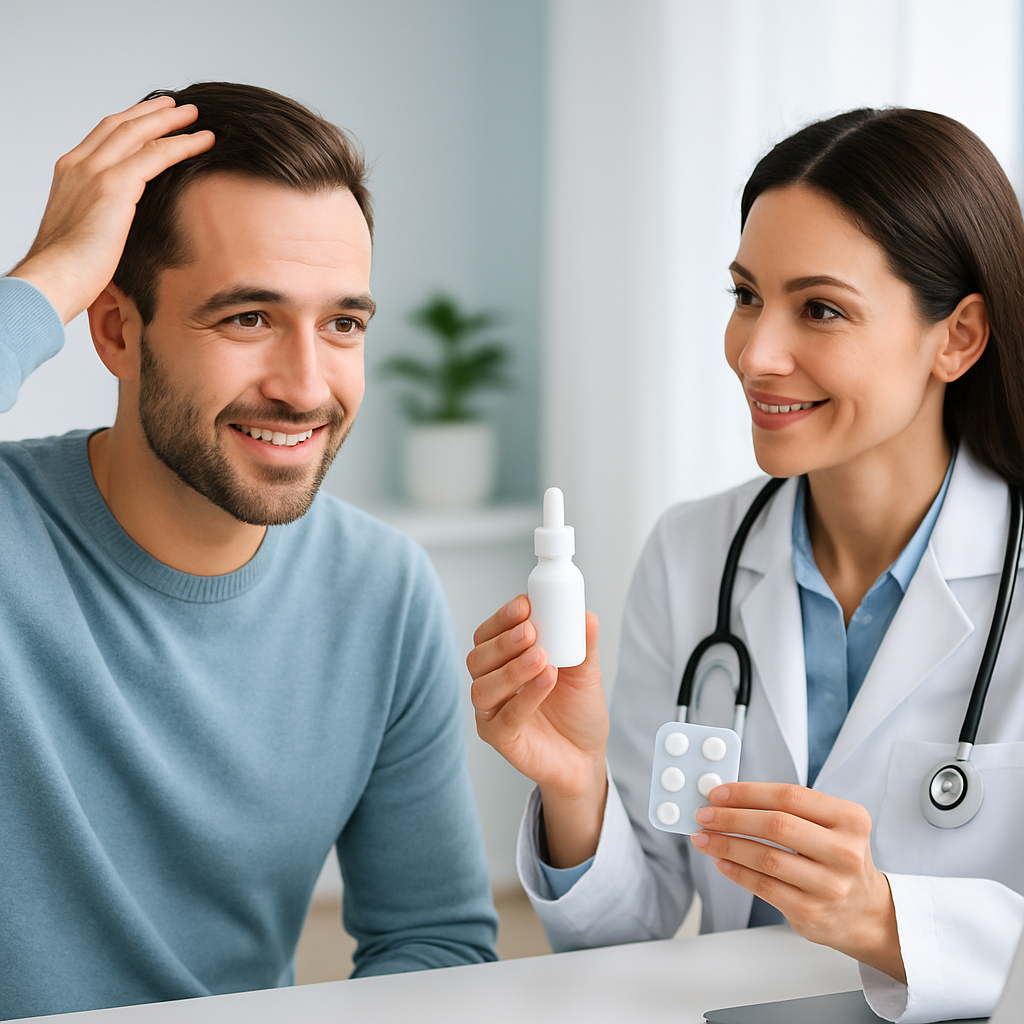 Side-by-side comparison of topical vs oral minoxidil bottles for hair regrowth treatment.
