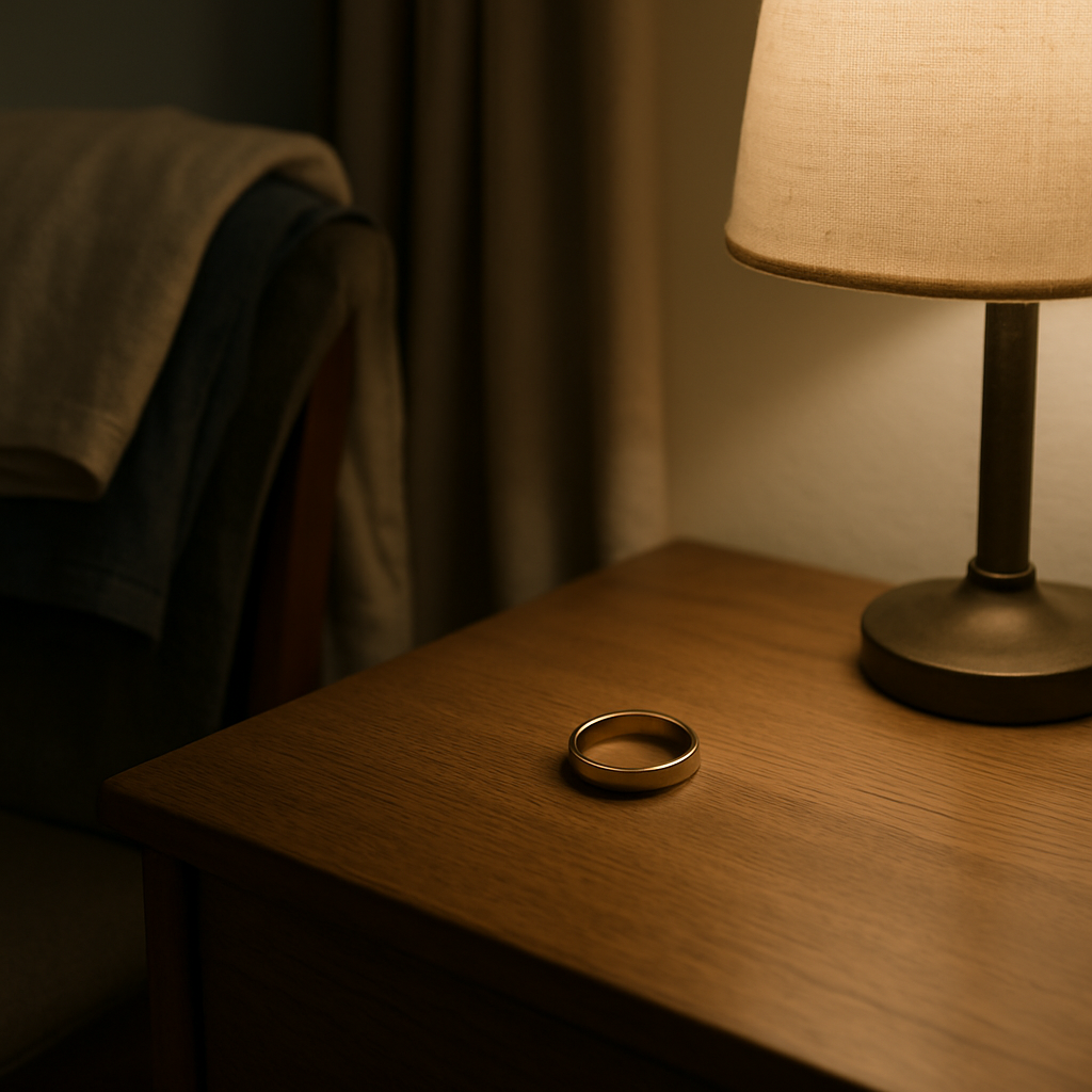 Gold wedding band resting on a wooden nightstand beside a warm-lit table lamp.