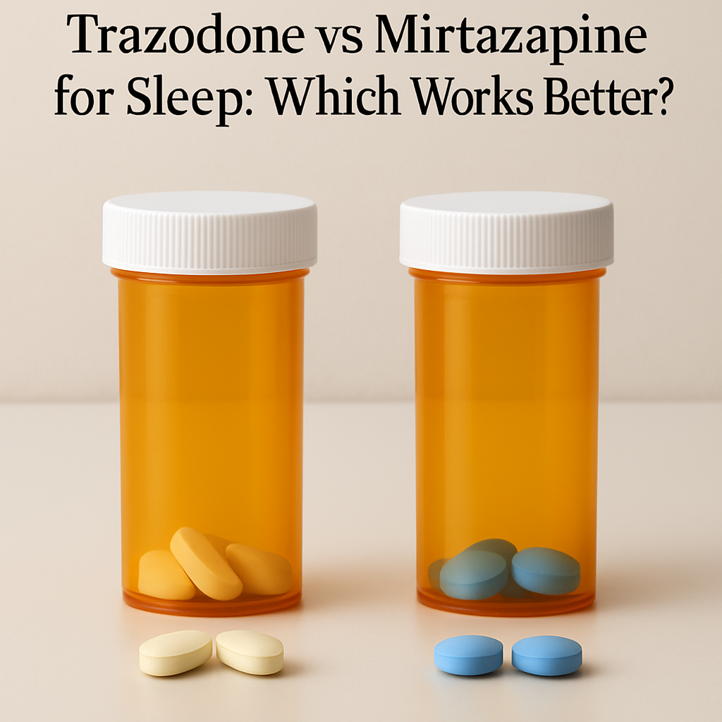 Pill bottles illustrating a trazodone vs mirtazapine comparison for sleep.