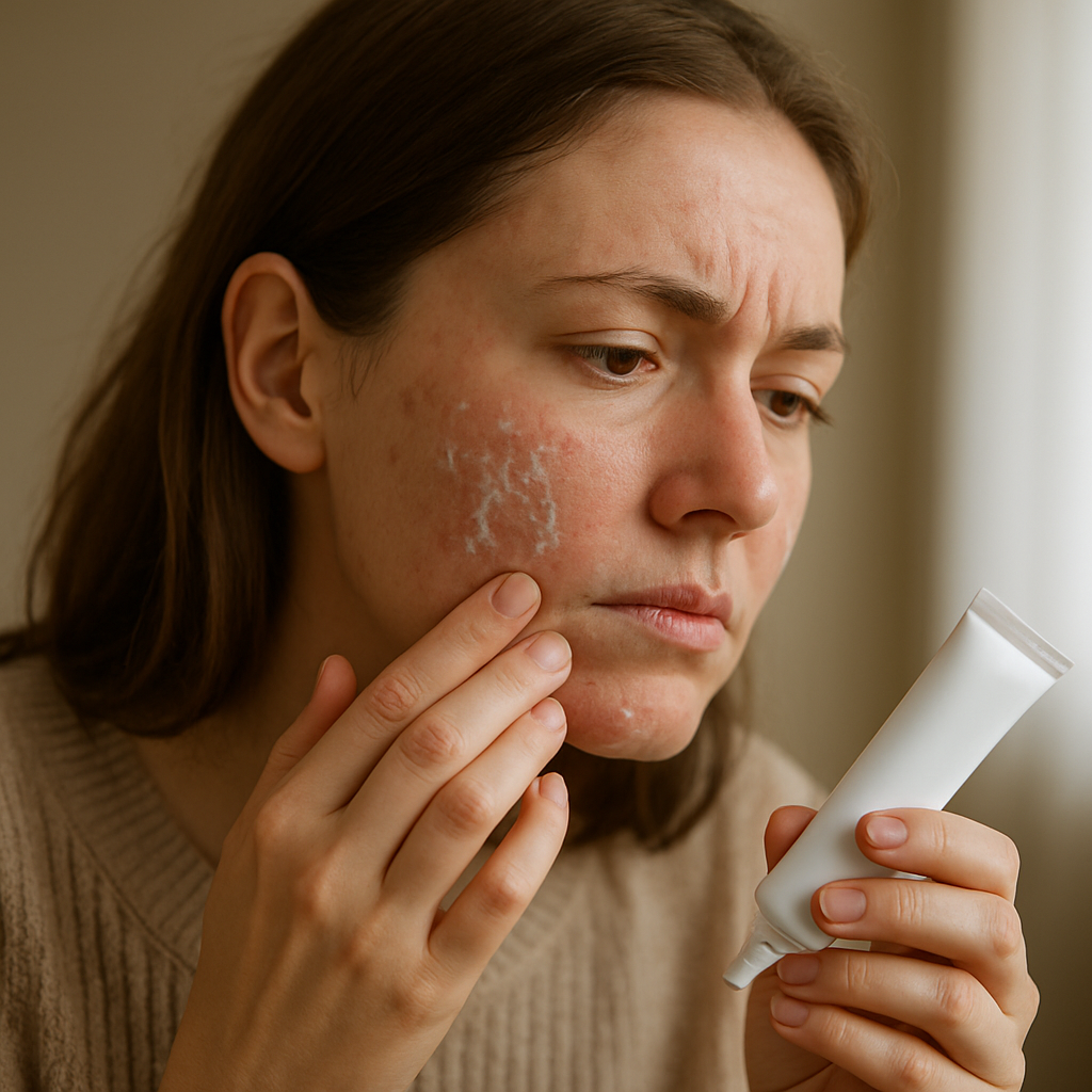 Close-up of irritated cheek showing tretinoin side effects like peeling and redness.