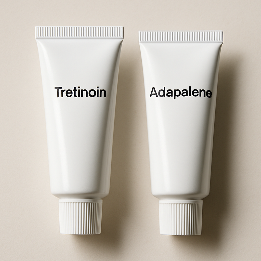 Side-by-side tubes illustrating tretinoin vs adapalene for acne treatment on a bathroom counter.