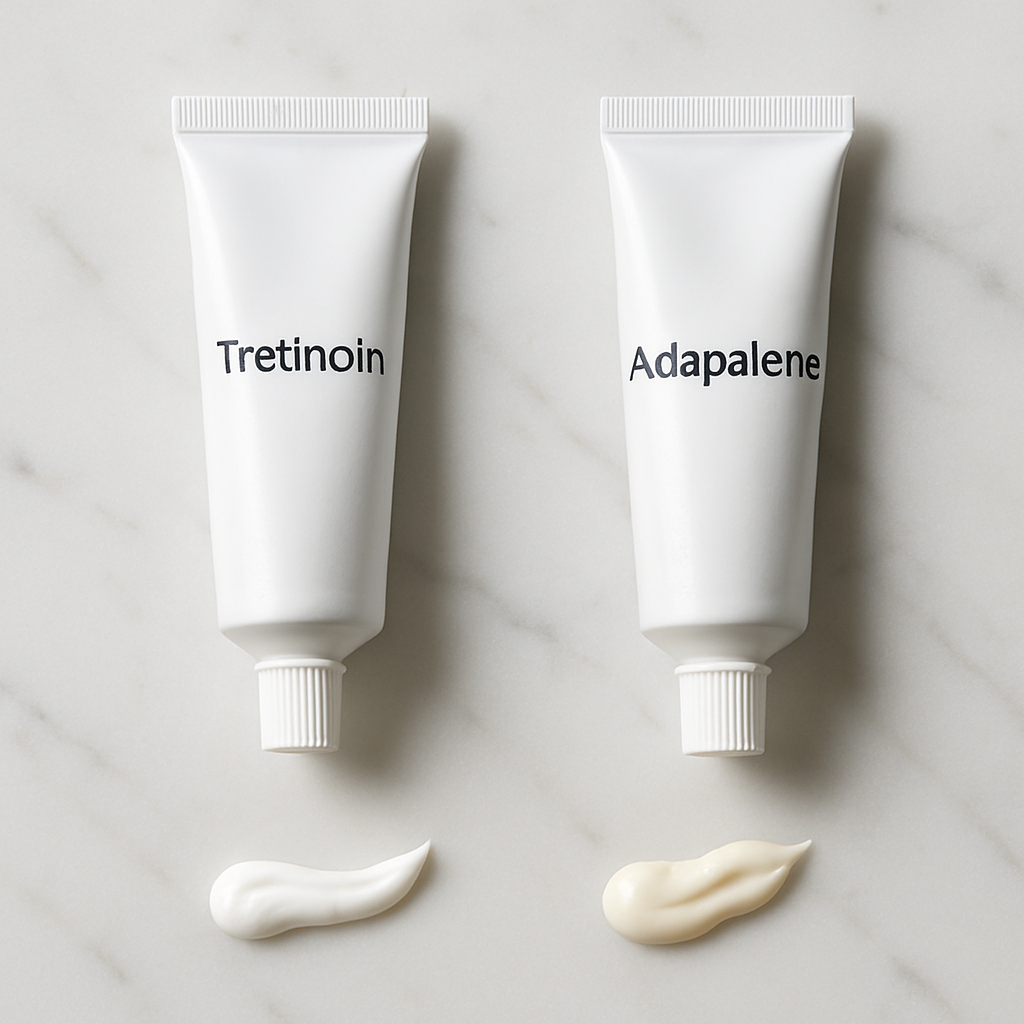 Two retinoid tubes side by side illustrating tretinoin vs adapalene for wrinkle treatment.