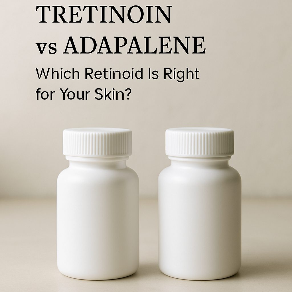 Two white medicine bottles sit side by side on a beige surface, with the headline: 'Tretinoin vs Adapalene — Which Retinoid Is Right for Your Skin?'