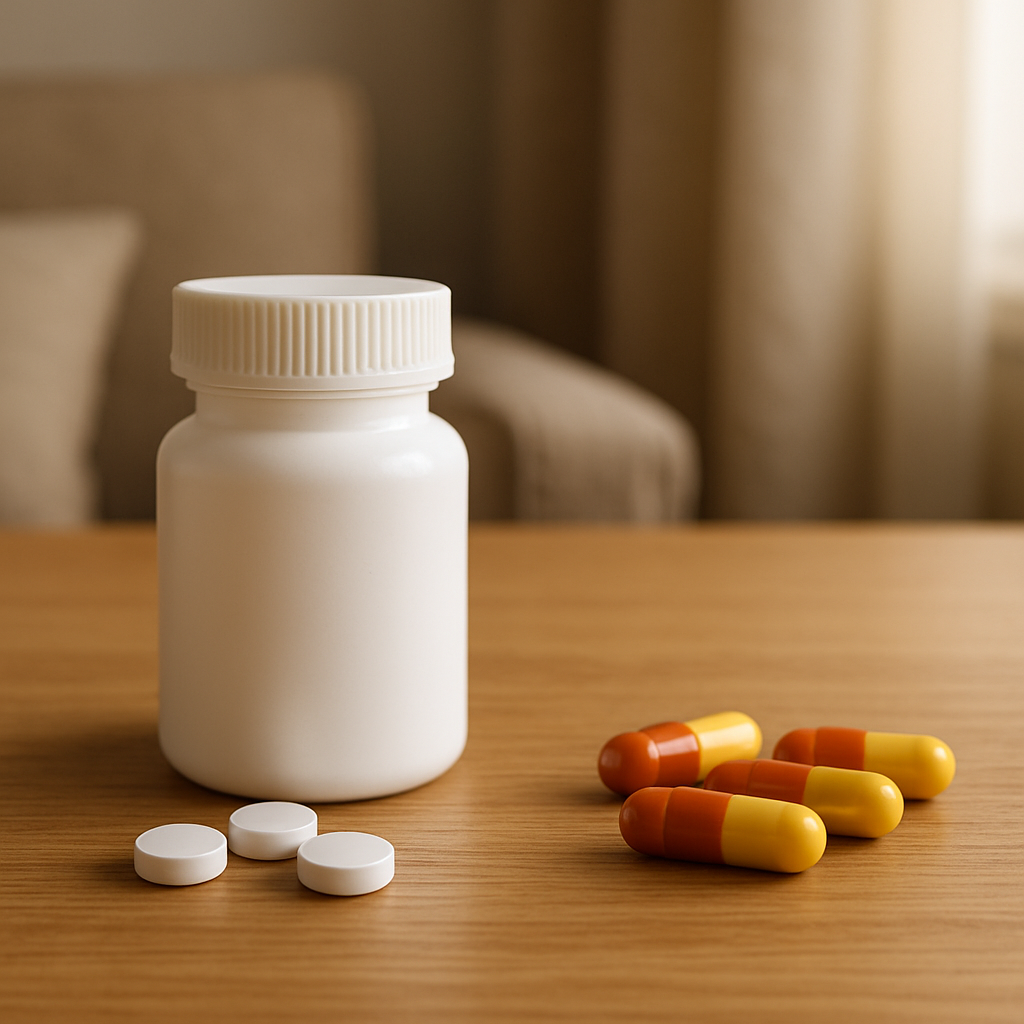 Pharmacist comparing trimethoprim vs nitrofurantoin tablets for urinary tract infection treatment.