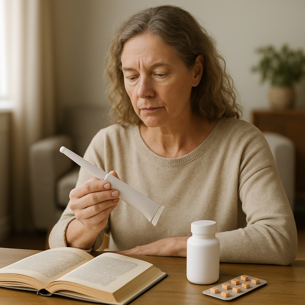 Vaginal estrogen cream tube next to oral HRT tablets on a pharmacy counter for menopause treatment comparison.