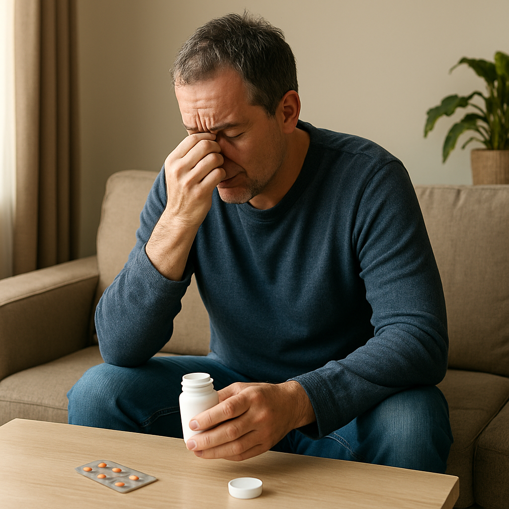 A patient reading a medication leaflet about vardenafil side effects at a kitchen table.