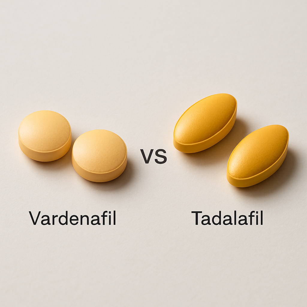 Two groups of pills with a 'vs' between them: left side round beige tablets labeled 'Vardenafil', right side oval yellow capsules labeled 'Tadalafil'—illustrating a comparison between the two medications.