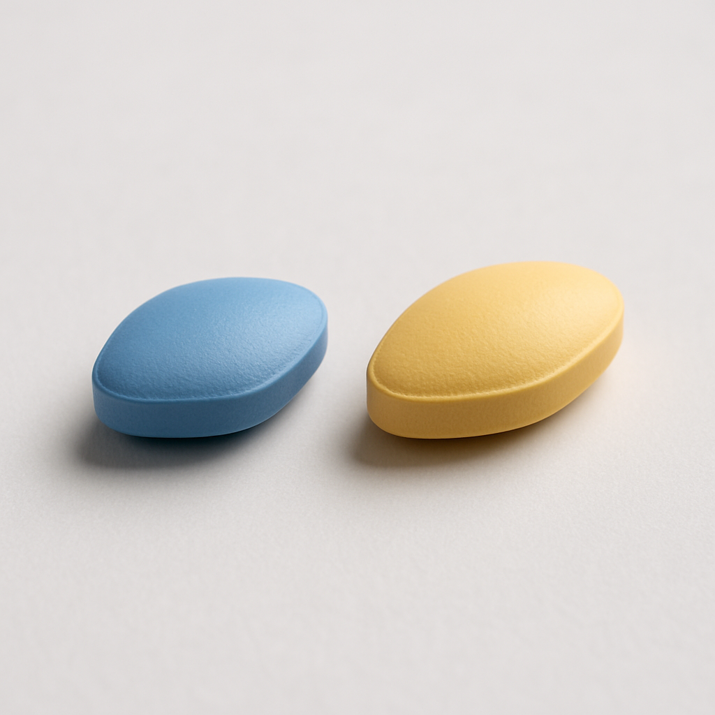 Viagra vs Cialis tablets shown side by side with a glass of water on a pharmacy counter.