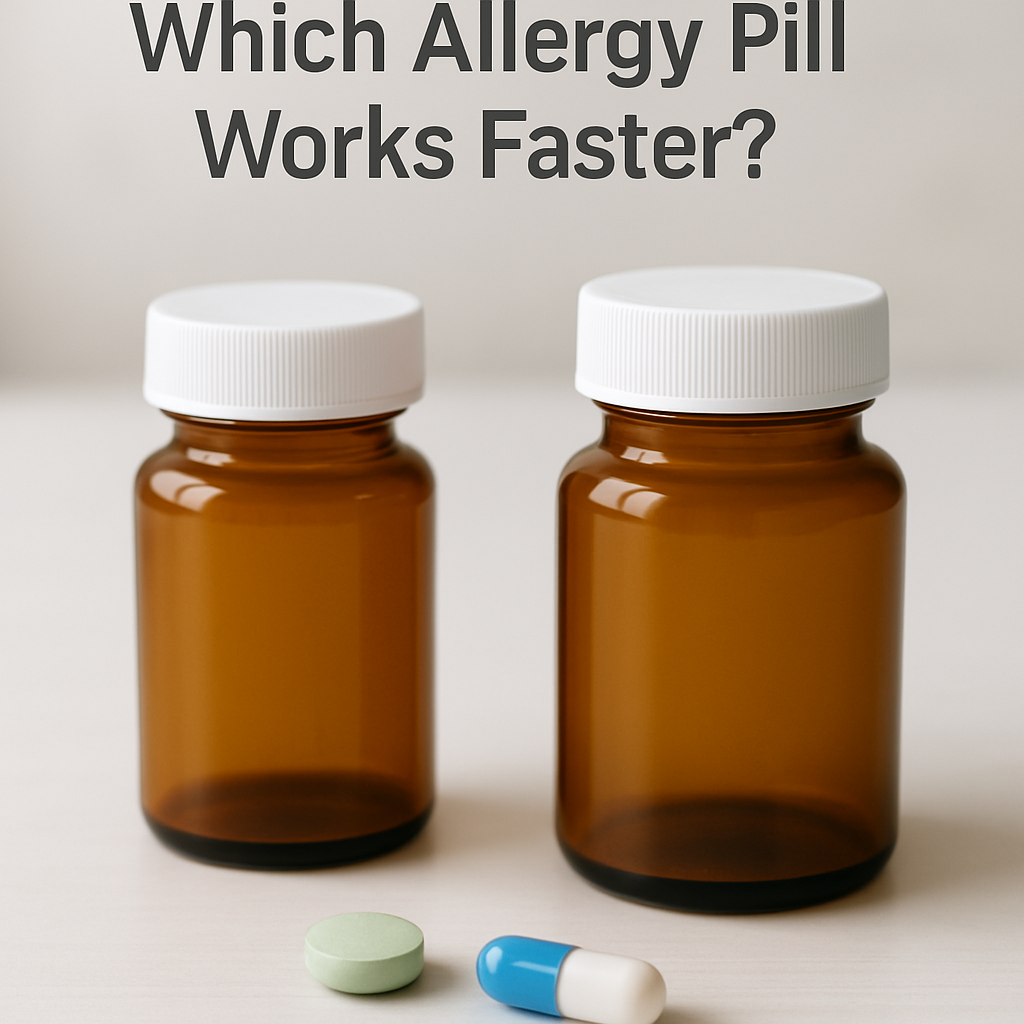 Zyrtec vs Claritin allergy pills side by side on a pharmacy counter with a glass of water.