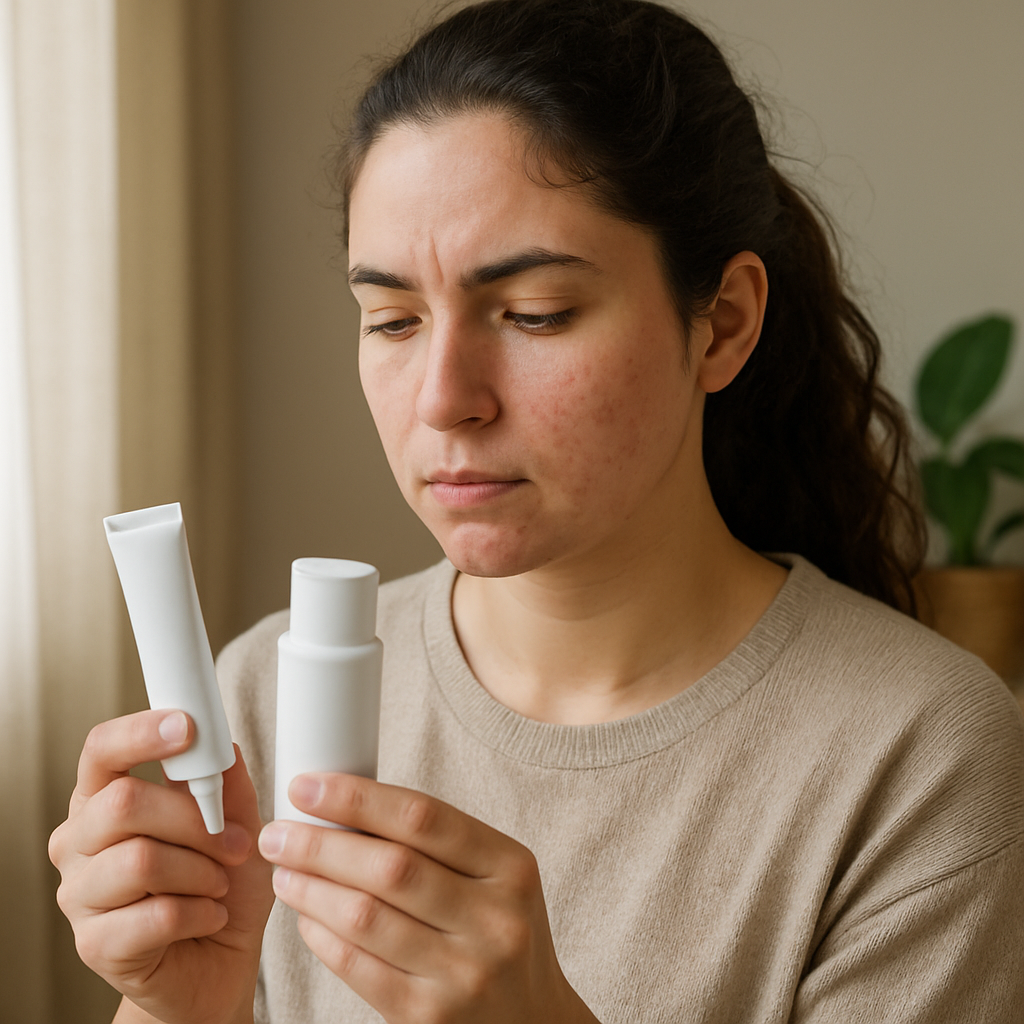 Woman with acne looking at skincare tubes: a squeeze tube in her left hand and a pump bottle in her right hand on beige clothing.