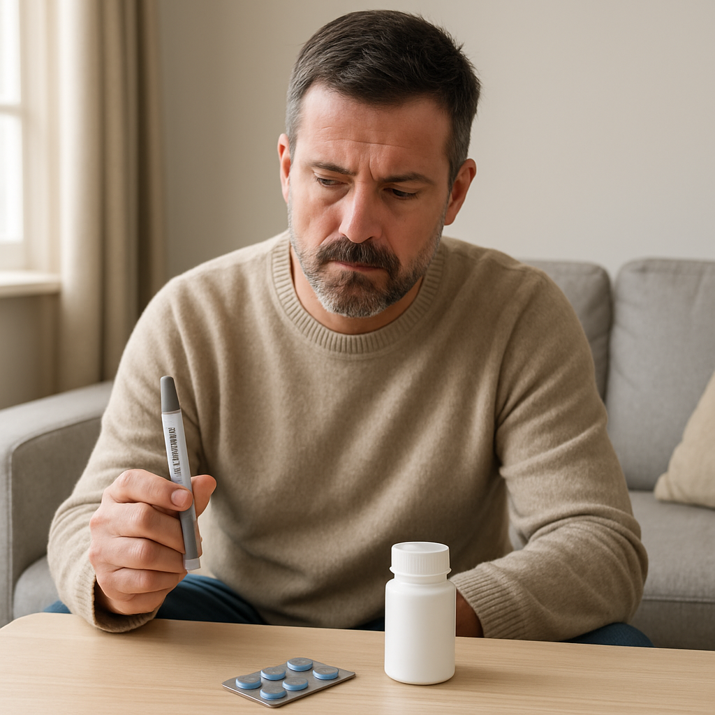 Comparison of alprostadil vs sildenafil treatment options for erectile dysfunction on a pharmacy counter.