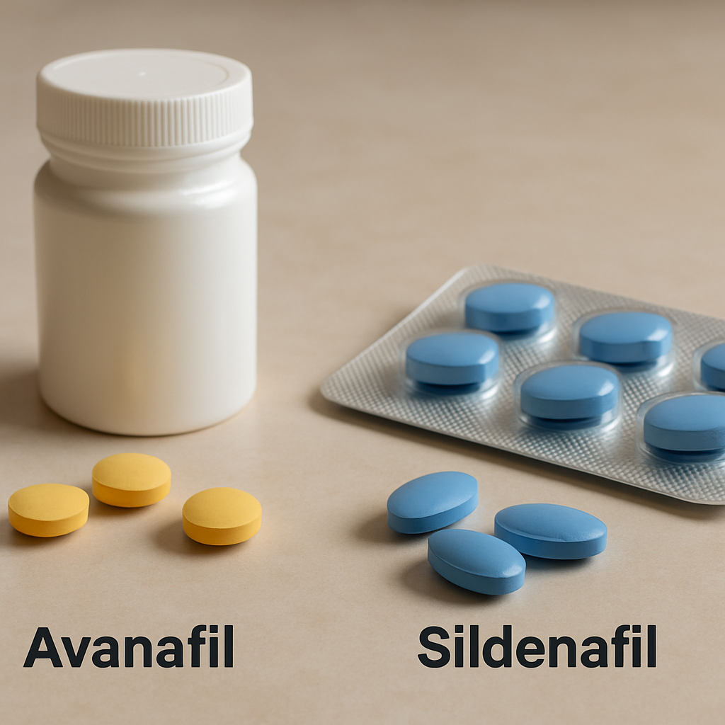 Two ED tablets on a table illustrating an avanafil vs sildenafil comparison.