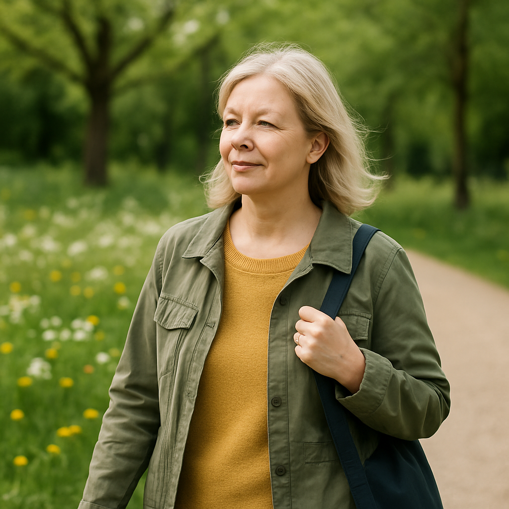 Older woman walking along a park path with a green jacket and mustard sweater, carrying a dark bag on her shoulder.
