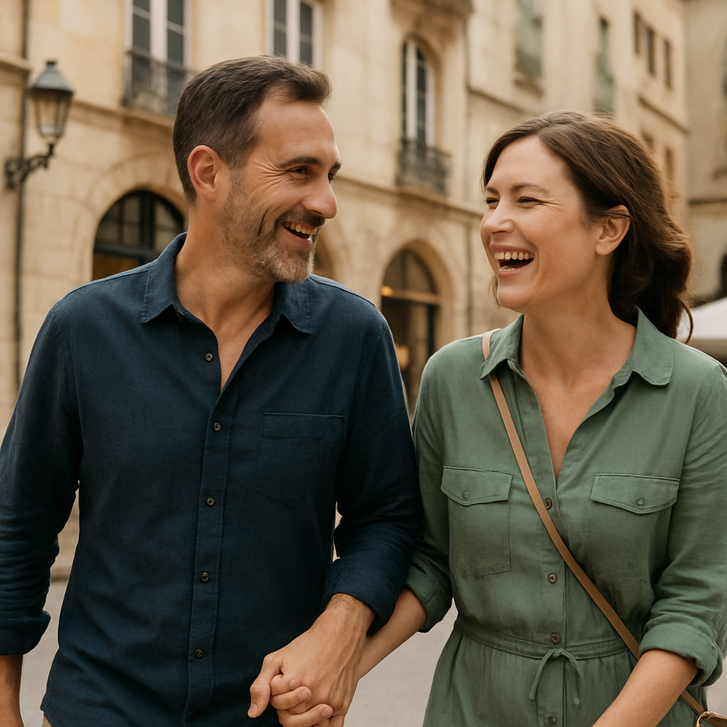 Smiling couple walking hand in hand down a sunlit stone street with beige buildings in the background.
