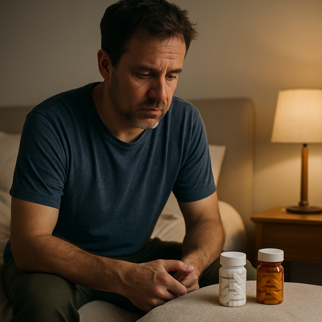 Pharmacist comparing doxepin vs trazodone tablets for insomnia treatment on a counter.