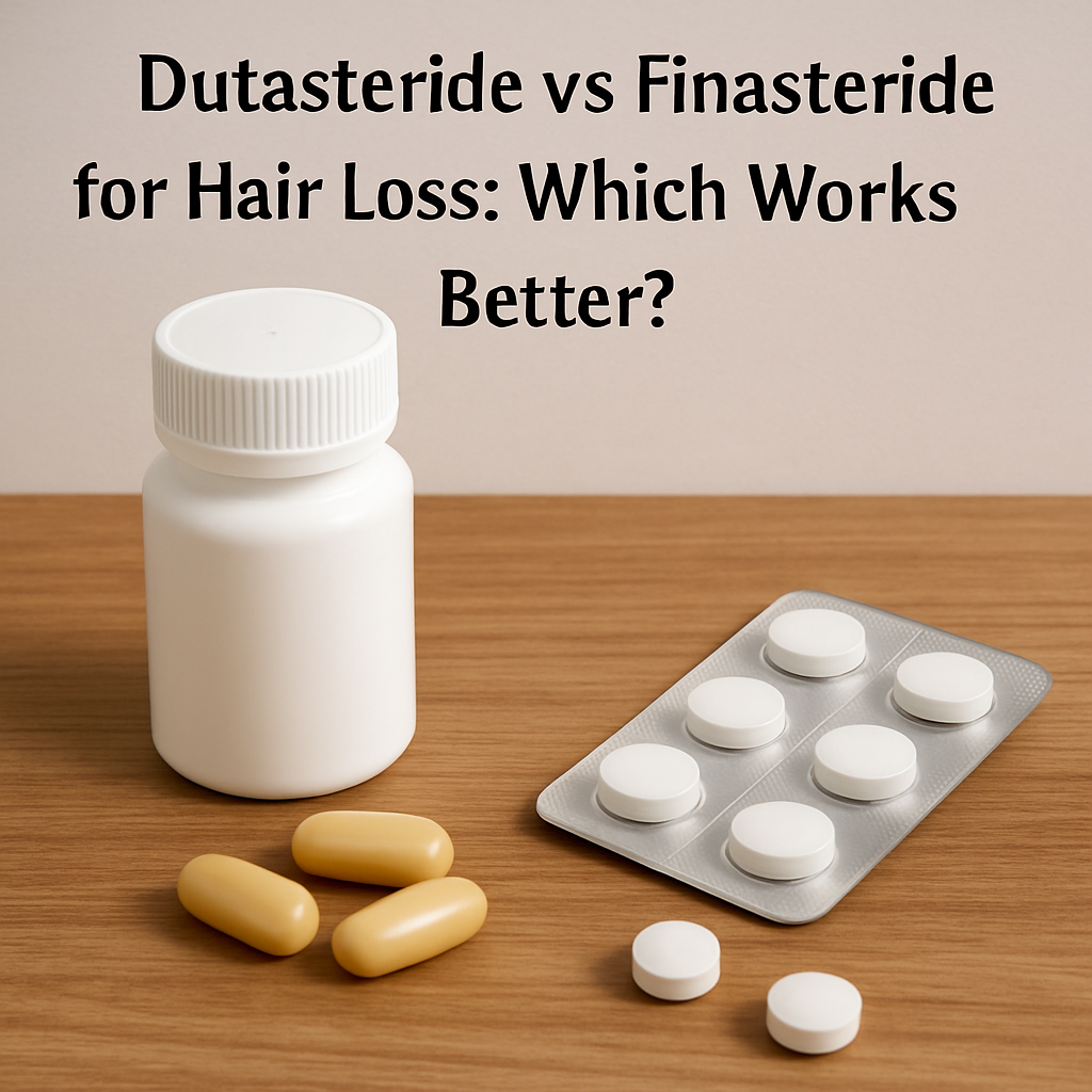 Two prescription pill bottles compared in a dutasteride vs finasteride hair loss treatment guide.