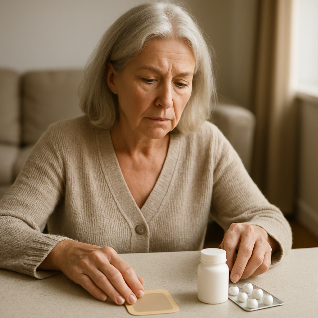 Estradiol patch vs pill comparison showing a transdermal patch next to oral estradiol tablets for menopause treatment.