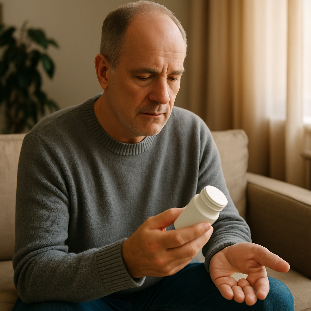 Prescription bottle and pills representing finasteride for BPH treatment and its potential side effects.