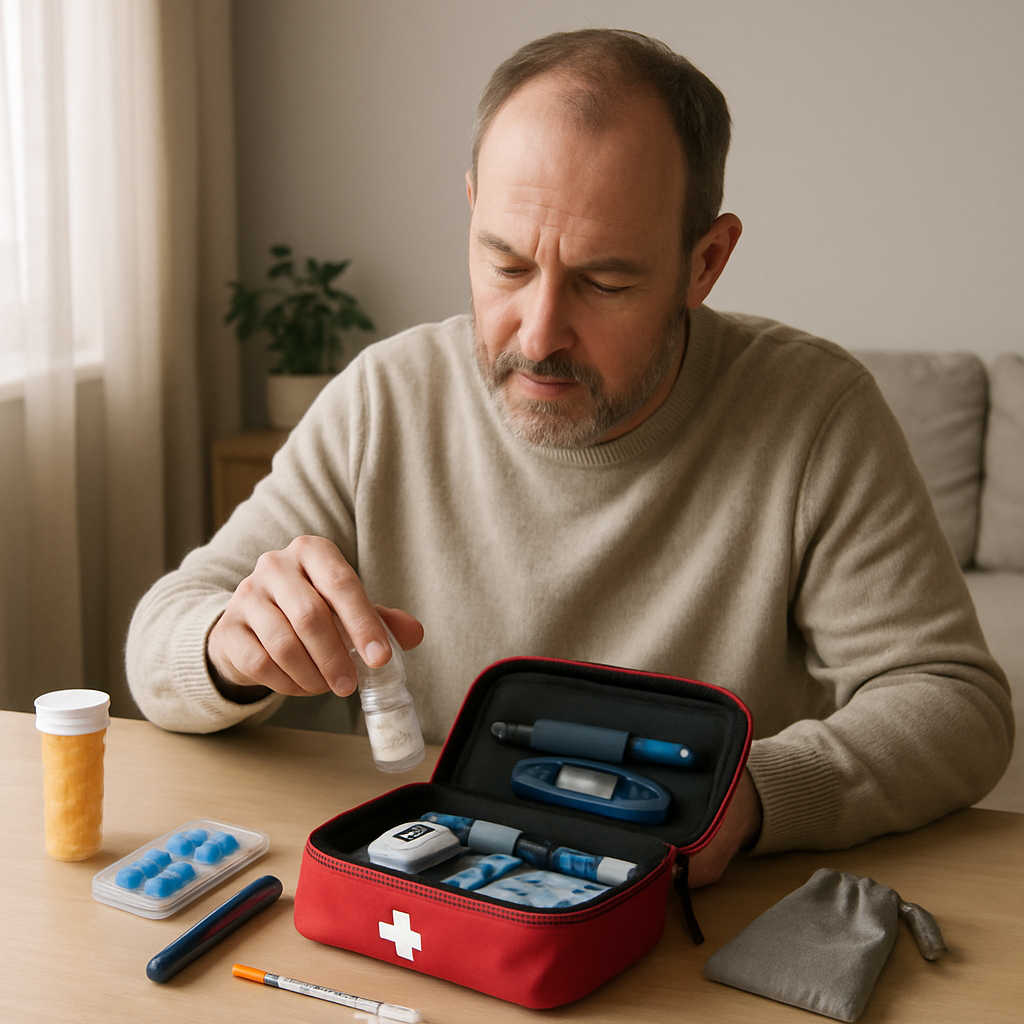 Contents of a diabetic emergency kit laid out on a table including glucose tablets, insulin, and a meter.