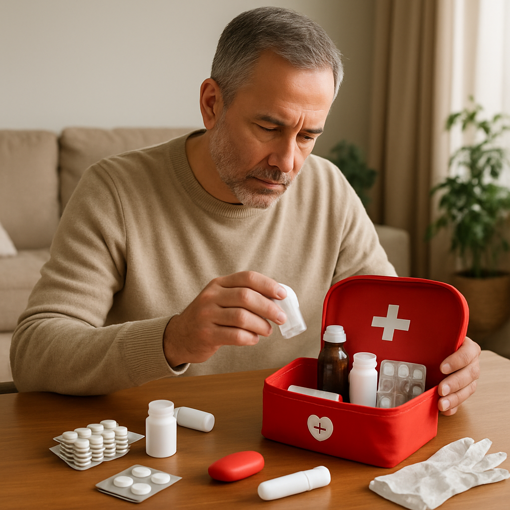A heart attack emergency kit laid out on a kitchen counter with aspirin, medication list, and phone.