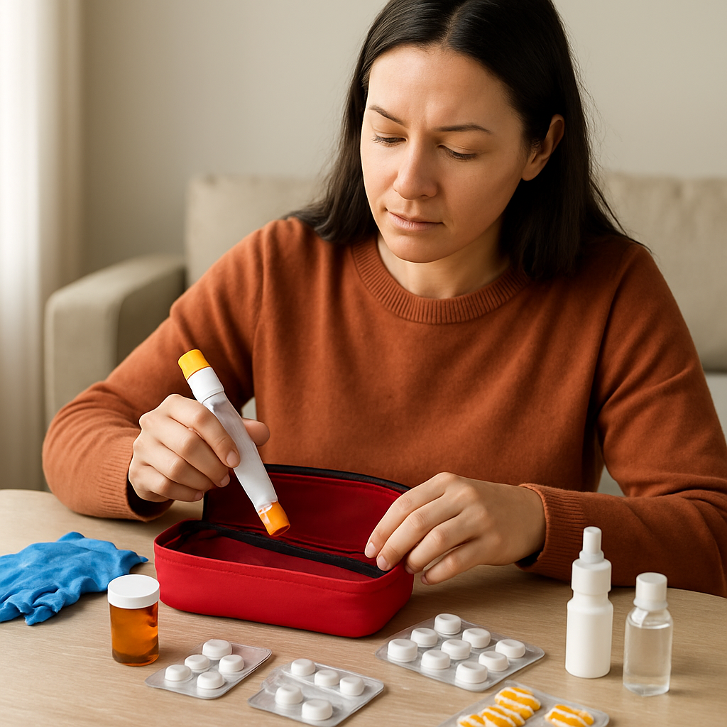 Woman sits at a table and places pills into a red pill case, with blister packs and bottles nearby for home medication organization.