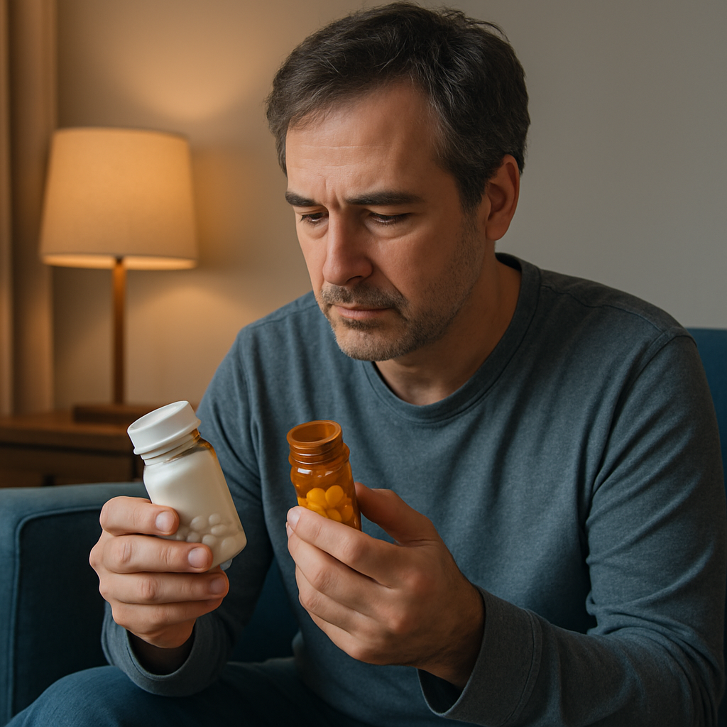 Melatonin vs ramelteon tablets on a nightstand next to an alarm clock at bedtime.
