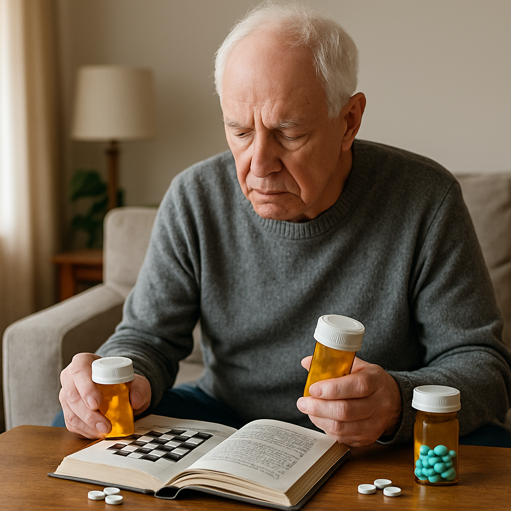 Pharmacist comparing memantine vs donepezil tablets for Alzheimer's treatment on a counter.