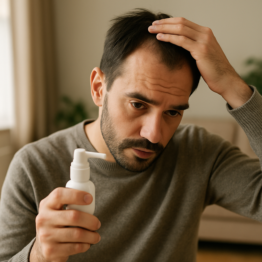 Bottle of topical hair regrowth solution illustrating minoxidil side effects to watch for during treatment.
