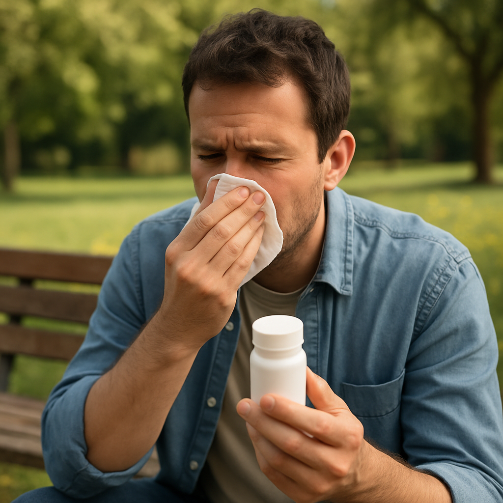 Prescription bottle of montelukast for allergies next to a pollen-covered windowsill
