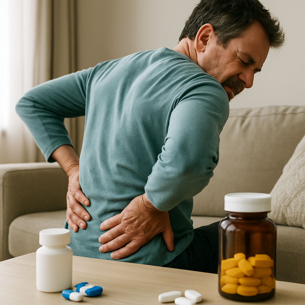 Bottles of naproxen vs ibuprofen tablets side by side for back pain relief comparison.