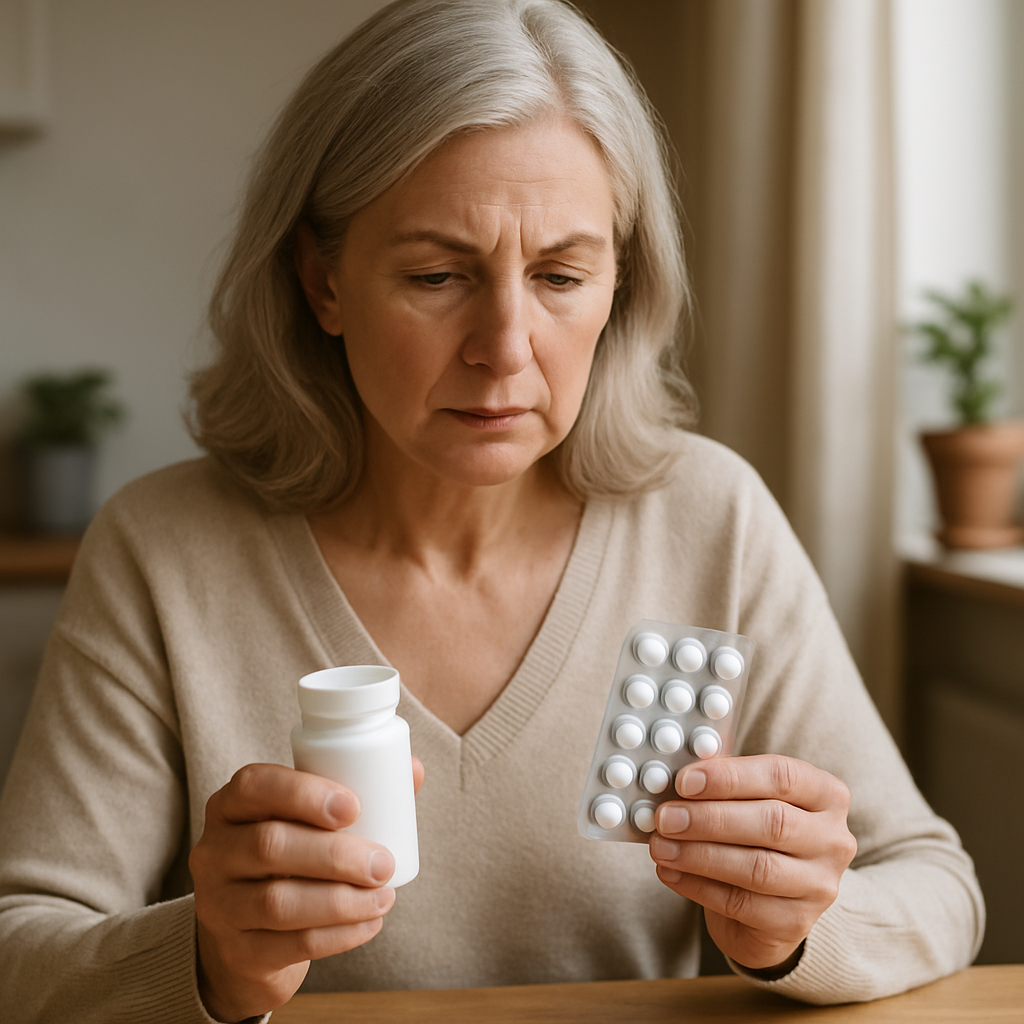 Pharmacist explaining progesterone vs progestin HRT options to a menopausal patient at a counter.