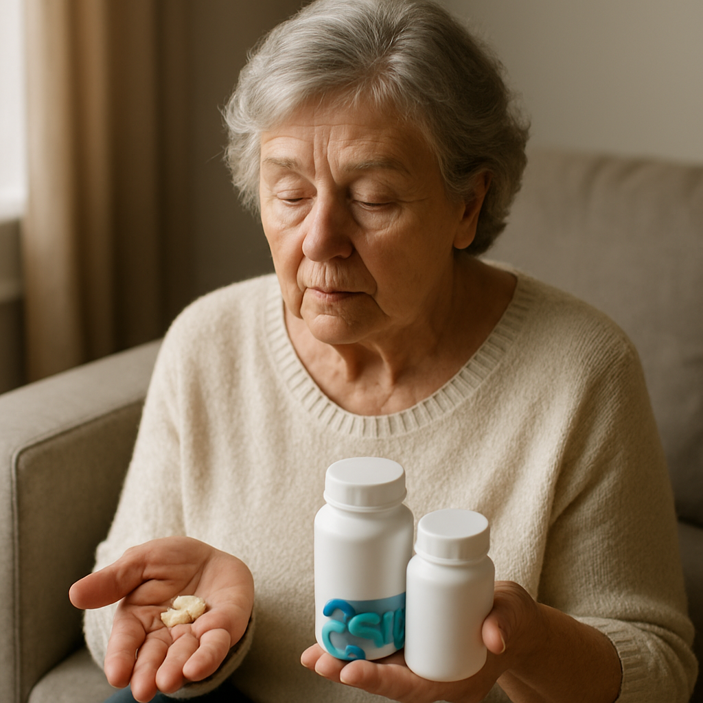 Pharmacist comparing rivastigmine vs donepezil pill bottles for dementia treatment on a counter.