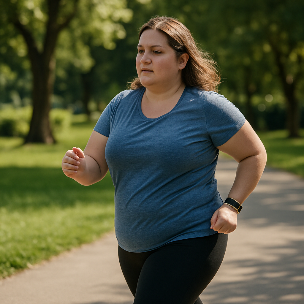 Plus-size woman jogging on a sunny park path, wearing a blue t-shirt and black leggings, looking focused.