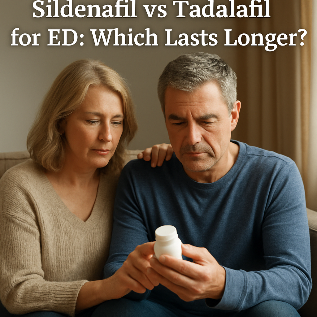 Sildenafil vs tadalafil ED pills side by side showing duration comparison on a pharmacy counter.