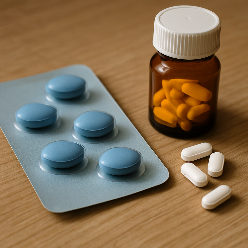 Warning label showing sildenafil with nitrates interaction risk on a pill bottle next to a blood pressure monitor.