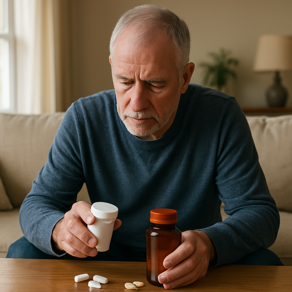 Elderly man in a blue sweater sits on a couch, holding a white pill bottle and a brown medication bottle with pills on the table.