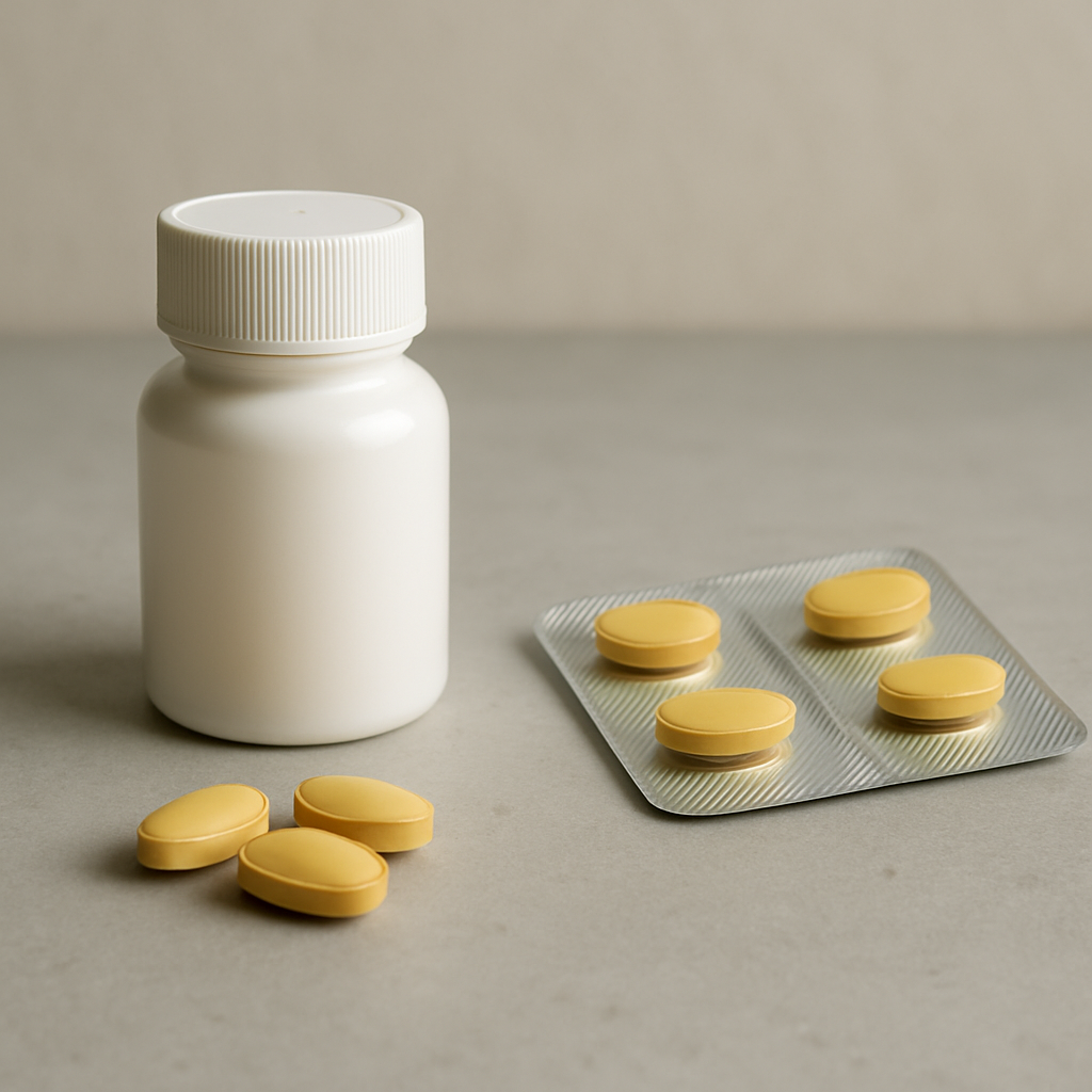 White medicine bottle with a twist-off cap beside yellow tablets, and a blister pack with four pills on a gray surface far right.